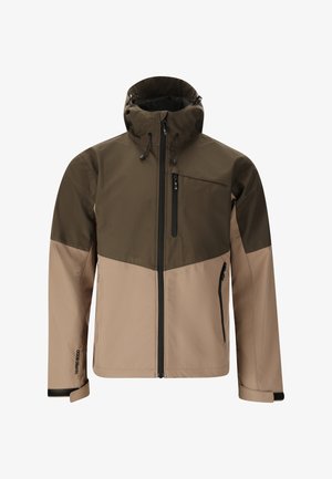 Veste extérieure pour homme bicolore marron avec capuche, fermeture éclair sur toute la longueur, poche poitrine, poches latérales et poignets ajustables.