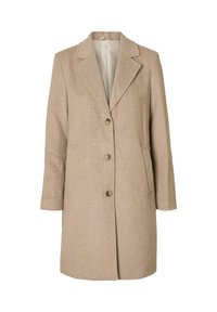 Beige wollenblend Jas met een notch-lapel, drie knopen aan de voorkant en zijzakken. Beschikt over een zachte binnenvoering en een rechte snit.