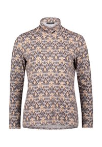 Langärmliges Rollkragenoberteil mit geometrischem Rautenmuster in Beigetönen, Grau und Weiß.