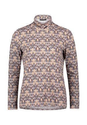 Langsleeve turtleneck top met geometrisch diamantenpatroon in beige, grijs en witte tinten.