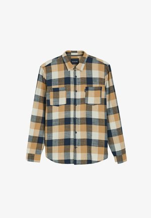 Koszula z długim rękawem w kratę w odcieniach brązu, granatu i kremu. Posiada kołnierz zapinany na guziki oraz dwie przednie kieszenie. Miękka, strukturalna tkanina.