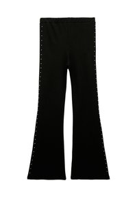 Sorte flared leggings i blødt materiale, der har en bred, elastisk talje og dekorative nitter langs de ydre sømme for ekstra detaljer.