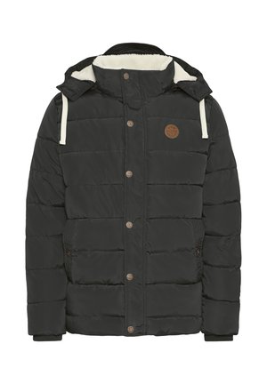 Padded black jacket with a faux fur-lined hood, snap button closures, side pockets, and a circular brown logo patch on the chest.