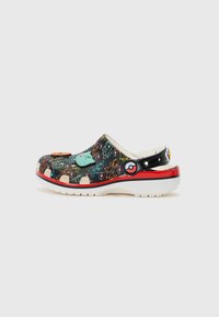 Black slip-on clog with multicolored cartoon patterns, a white sole, red accents, and decorative buttons featuring Pokémon designs.