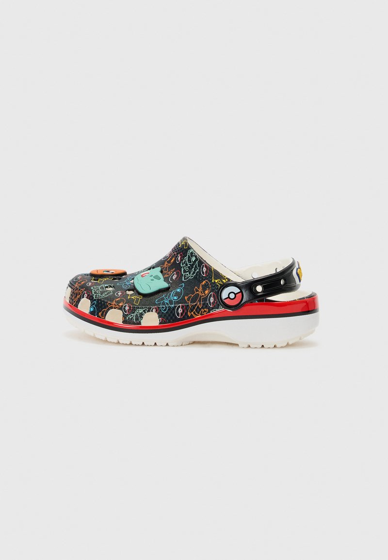 Black slip-on clog with multicolored cartoon patterns, a white sole, red accents, and decorative buttons featuring Pokémon designs.