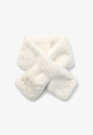 Scarf in finta pelliccia bianca con una texture morbida, caratterizzato da un design incrociato e estremità arrotondate, che offre calore e una vestibilità aderente.