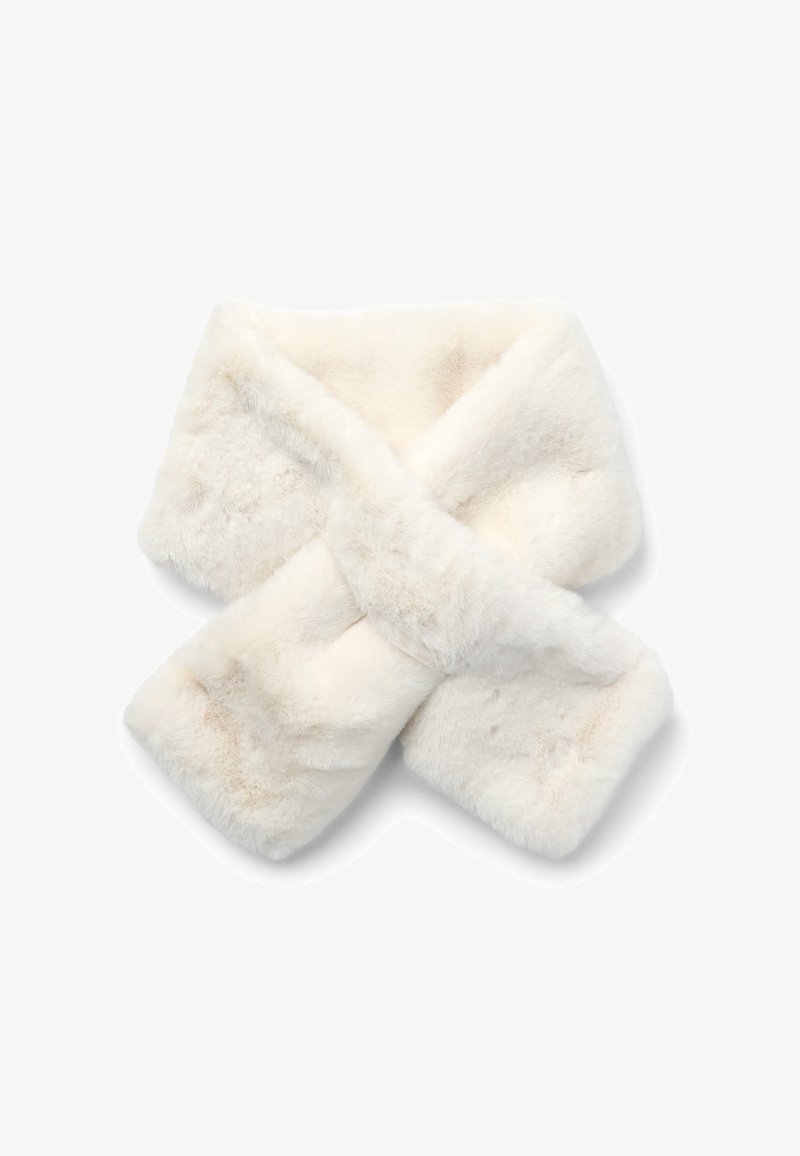 Scarf in finta pelliccia bianca con una texture morbida, caratterizzato da un design incrociato e estremità arrotondate, che offre calore e una vestibilità aderente.