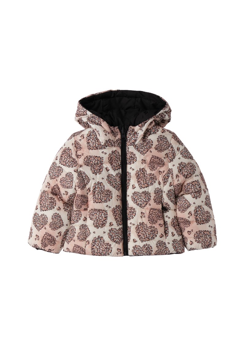 Ocieplana kurtka z różowym i kremowym wzorem serca oraz lamparta, z przednim zamkiem błyskawicznym i kapturem. Czarna podszewka wewnątrz.