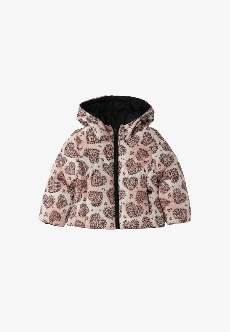 Ocieplana kurtka z różowym i kremowym wzorem serca oraz lamparta, z przednim zamkiem błyskawicznym i kapturem. Czarna podszewka wewnątrz.