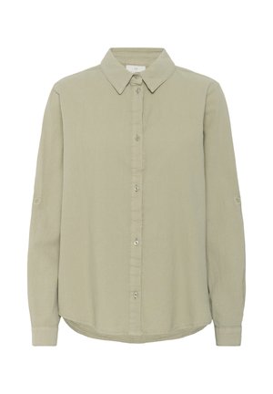 Beige langärmliges Hemd mit Knopfleiste, spitzem Kragen und Knopfmanschetten an den Ärmeln zum Aufrollen.