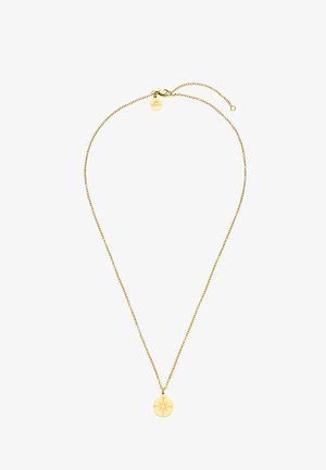 Goldene Halskette mit einer zarten Kette und einem runden Anhänger, der ein Kompassdesign zeigt. Der Anhänger hat eingravierte Himmelsrichtungen.