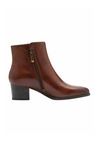 Brown leather ankle boot with a side zipper, square toe, and a medium-height block heel. Smooth texture and minimalistic design.