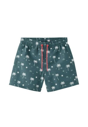 Tmavozelené plavkové šortky s bielymi vzormi paliem, slnka a vĺn, s červeným šnúrkom na elastickom páse.