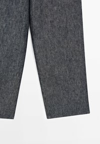 Dark gray trousers made of textured fabric, featuring a straight cut with clean edges and minimal stitching details.