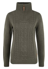 Olive green knit sweater with a high collar and zip closure. Features a cable knit pattern on the front and ribbed cuffs and hem.