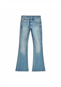 Ljust blå utsvängda jeans i denim. Har en femfickorsdesign, blekt utseende och en dragkedja med knappstängning i midjan.