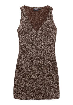 Mouwloze bruine jurk met wit bloemmotief, V-hals, getailleerde taille en knielengte zoom.