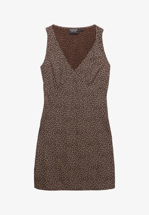 Mouwloze bruine jurk met wit bloemmotief, V-hals, getailleerde taille en knielengte zoom.
