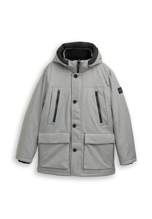 Gray, hooded jacket with a black interior, featuring zippered chest pockets, large front pockets, and a sleek, structured design.