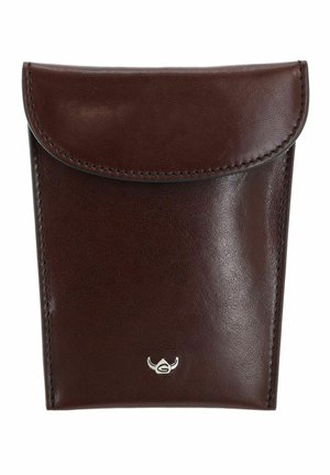 Dark brown leather pouch with curved flap closure and small silver emblem on front center.