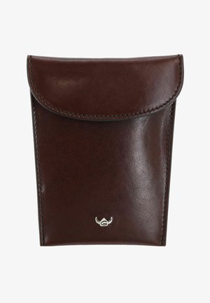 Dark brown leather pouch with curved flap closure and small silver emblem on front center.