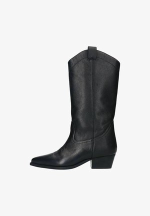 Black leather cowboy boot with a pointed toe, textured surface, mid-height shaft, and a low stacked heel. Features subtle stitching and pull tab.
