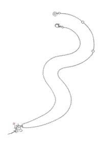 Hõbedast kettkaelakee haldjakuju ripatsiga, mis hoiab väikest roosat kivi, varustatud homaarkinnitus ja reguleeritava pikkusega ketiga.