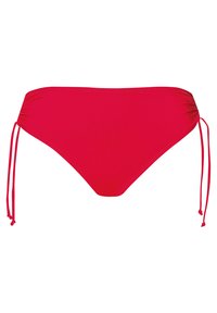 Czerwony dół od bikini wykonany z gładkiego materiału, z regulowanymi sznureczkami po bokach oraz marszczeniem wzdłuż talii dla lepszego dopasowania.