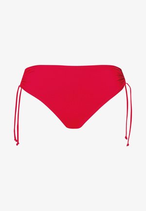 Punane bikiinialus, mis on valmistatud siledast kangast, millel on reguleeritavad küljetaskud ja rüüsitud disain vööl, et tagada mugav ja sobiv istuvus.