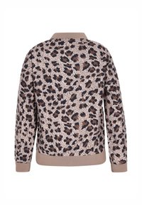 Giacca bomber con stampa leopardata in beige, marrone e nero, con polsini e orlo a coste. Tessuto dalla texture morbida, design casual, senza chiusure.
