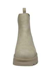 Beige Knöchelstiefel mit glattem Kunstleder-Obermaterial, elastischer Seitenpartie und einer strukturierten Gummisohle. Mit einem Zugband an der Ferse.