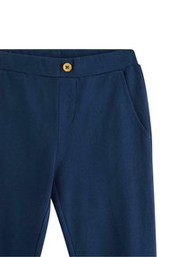 Navyblauwe broek met een houten knoop, voorkruiszakken en een gladde tailleband, getoond van taille tot halverwege het bovenbeen.