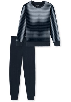 Marineblå pyjamasset med långärmad tröja som har vita horisontella ränder och matchande enfärgade marineblå byxor, tillverkade av mjukt och bekvämt tyg.