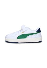 Scarpa da ginnastica bianca con dettagli verde e blu navy, caratterizzata da un pannello verde strutturato, lacci bianchi e una cinturino in Velcro per una calzata sicura.