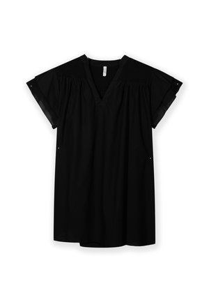 Robe noire à manches courtes avec col en V, tissu froncé aux épaules et coupe ample, présentée sur un fond blanc.