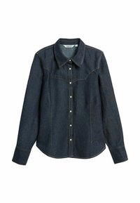 Mørkeblå denimskjorte med klassisk krave, frontlukning med knapper og dobbelt syning. Har lange ærmer og buet kant.