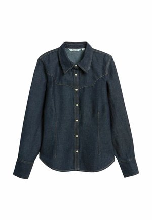 Mörkblå denimskjorta med klassisk krage, framknäppning och dubbel sömnad. Har långa ärmar och en rundad nederkant.
