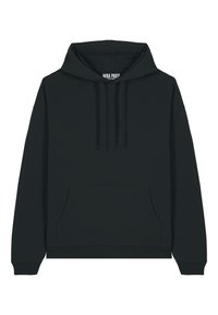 Black hooded sweatshirt made of soft fabric, featuring a front pocket, ribbed cuffs, and hem. Logo printed at the neck. Simple design.