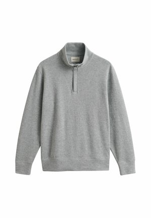 Pull-over gris clair à manches longues avec un col à demi-fermeture éclair et des poignets et ourlet côtelés, fabriqué en tissu doux.