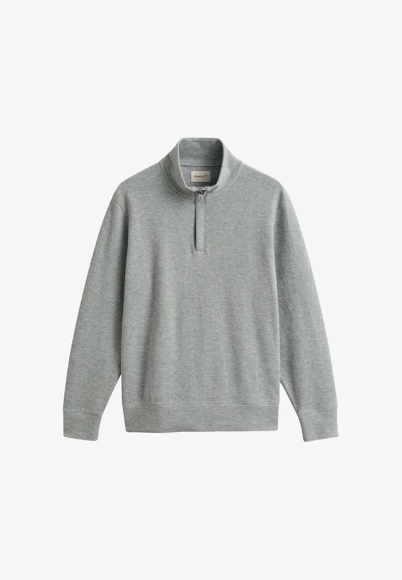 Hellgrauer Pullover mit langen Ärmeln, halbem Reißverschluss am Kragen und gerippten Bündchen sowie Saum, gefertigt aus weichem Stoff.