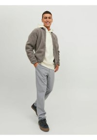 Giacca grigia e fuzzy sopra un hoodie bianco, abbinata a pantaloni striped grigi chiari e sneaker nere. Outfit casual con vestibilità rilassata.