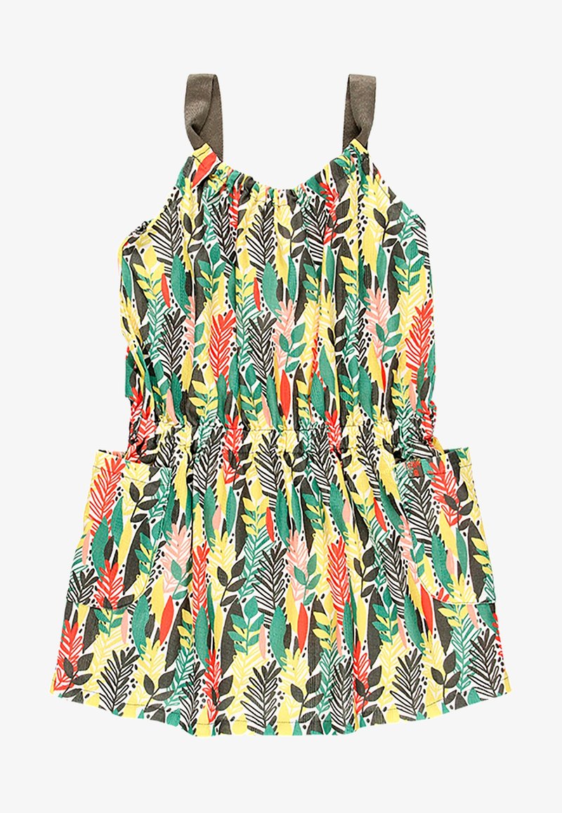 Robe sans manches pour tout-petit avec taille élastique, bretelles marron et motif feuillu coloré en tons verts, rouges, jaunes et noirs.