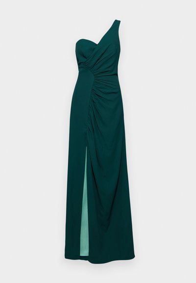 Green, one-shoulder gown with gathered detailing at the bust and side. Features a thigh-high slit and flowy fabric. Smooth texture.
