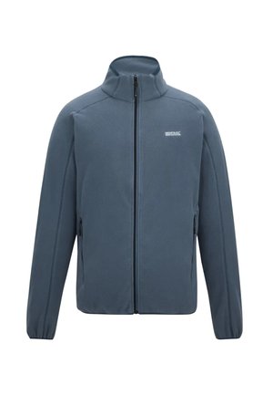 Niebieska polarowa kurtka z pełnym zamkiem błyskawicznym, wysokim kołnierzem, elastycznymi ściągaczami, bocznymi kieszeniami na zamek oraz małym białym logo marki outdoor na piersi.