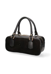 Borsa nera realizzata in pelle e suede, forma arrotondata, chiusura con zip superiore, doppi manici e dettagli in hardware dorato.
