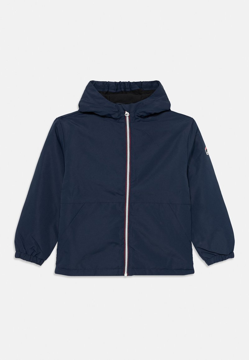 Marinblå jacka tillverkad av lätt, vattenavvisande material. Har dragkedja framtill, elastiska ärmslut och huva. Enkelt design utan mönster.