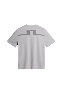 Ljusgrå kortärmad t-shirt med en mjuk yta, med ett unikt svart geometriskt mönster över övre delen av ryggen.