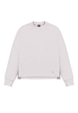 Jersey rosa claro de manga larga con cuello redondo, puños acanalados, aberturas laterales y pequeño logotipo redondo cerca del dobladillo sobre fondo blanco.