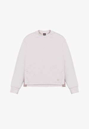Jersey rosa claro de manga larga con cuello redondo, puños acanalados, aberturas laterales y pequeño logotipo redondo cerca del dobladillo sobre fondo blanco.