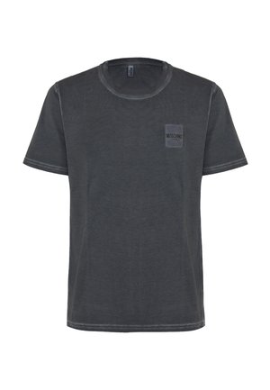 T-shirt in cotone grigio con maniche corte, collo a giro e un piccolo logo quadrato sul taschino a sinistra del petto. Finitura morbida e leggermente testurizzata.
